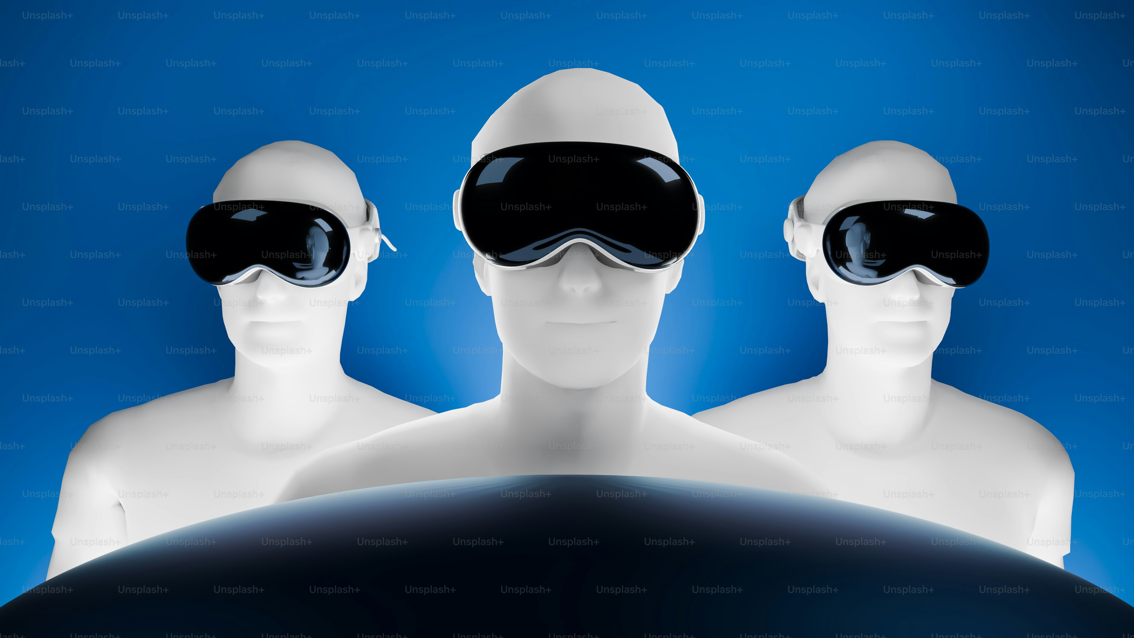 three white mannequins wearing virtual headsets against a blue background