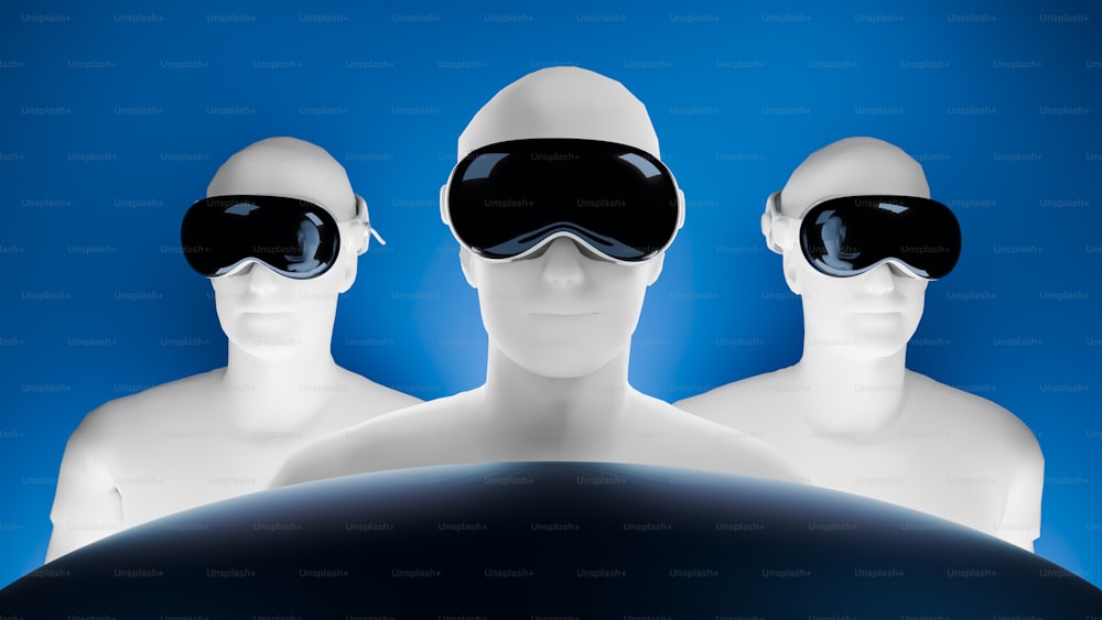 Tre manichini bianchi che indossano cuffie virtuali su uno sfondo blu