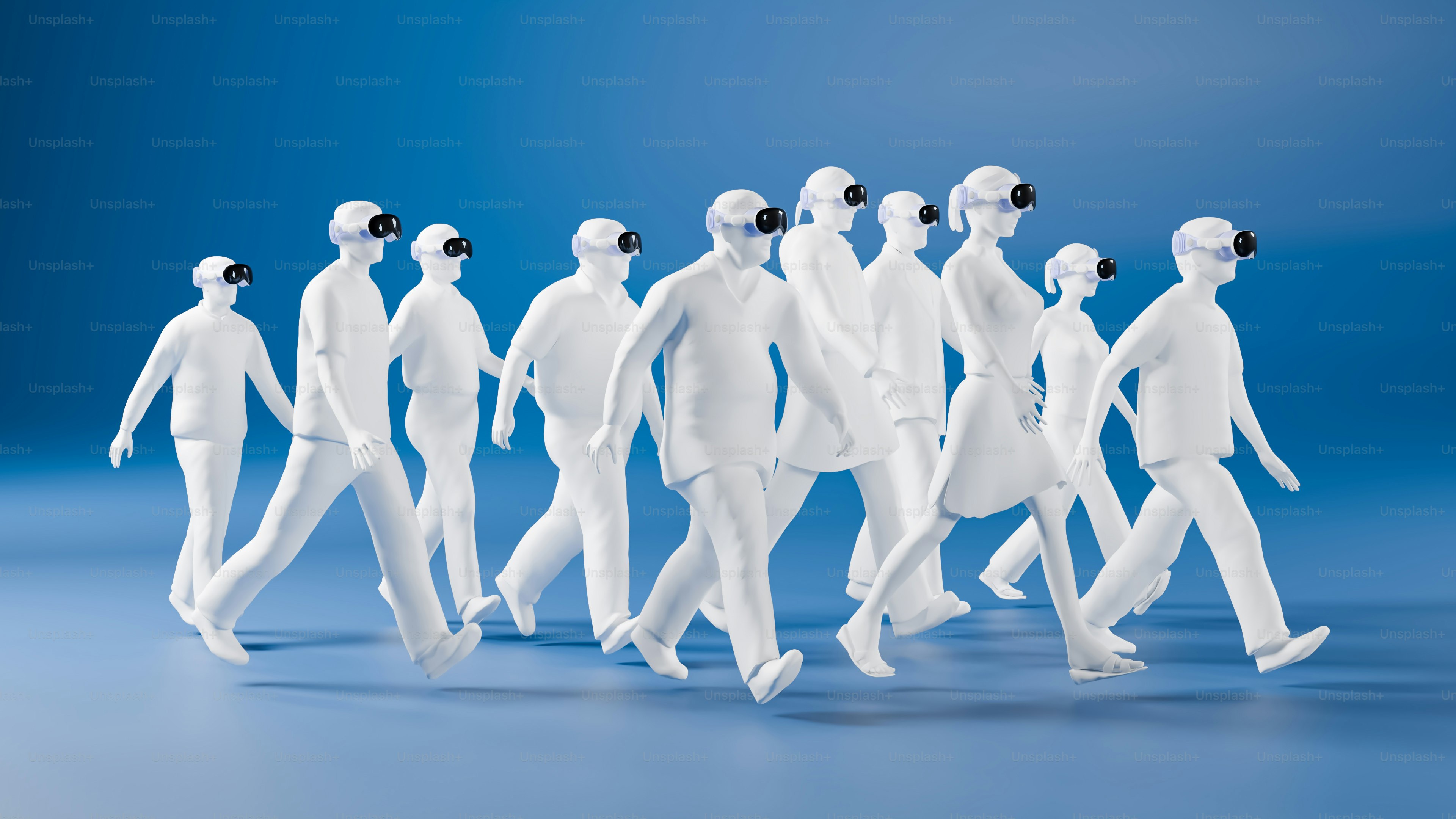 a group of white mannequins walking in a line
