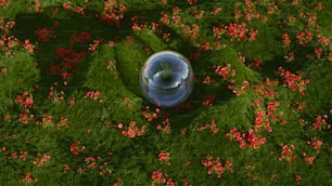 an aerial view of a glass ball in a field of flowers
