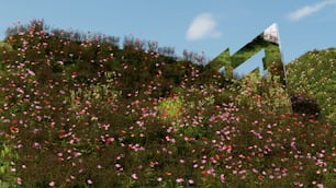 un campo di fiori con un cartello al centro