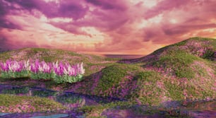 una pintura de flores púrpuras que crecen en una colina