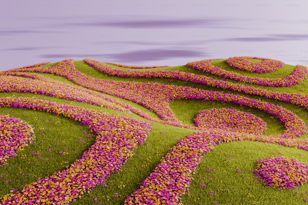 a green hill covered in purple flowers next to a body of water