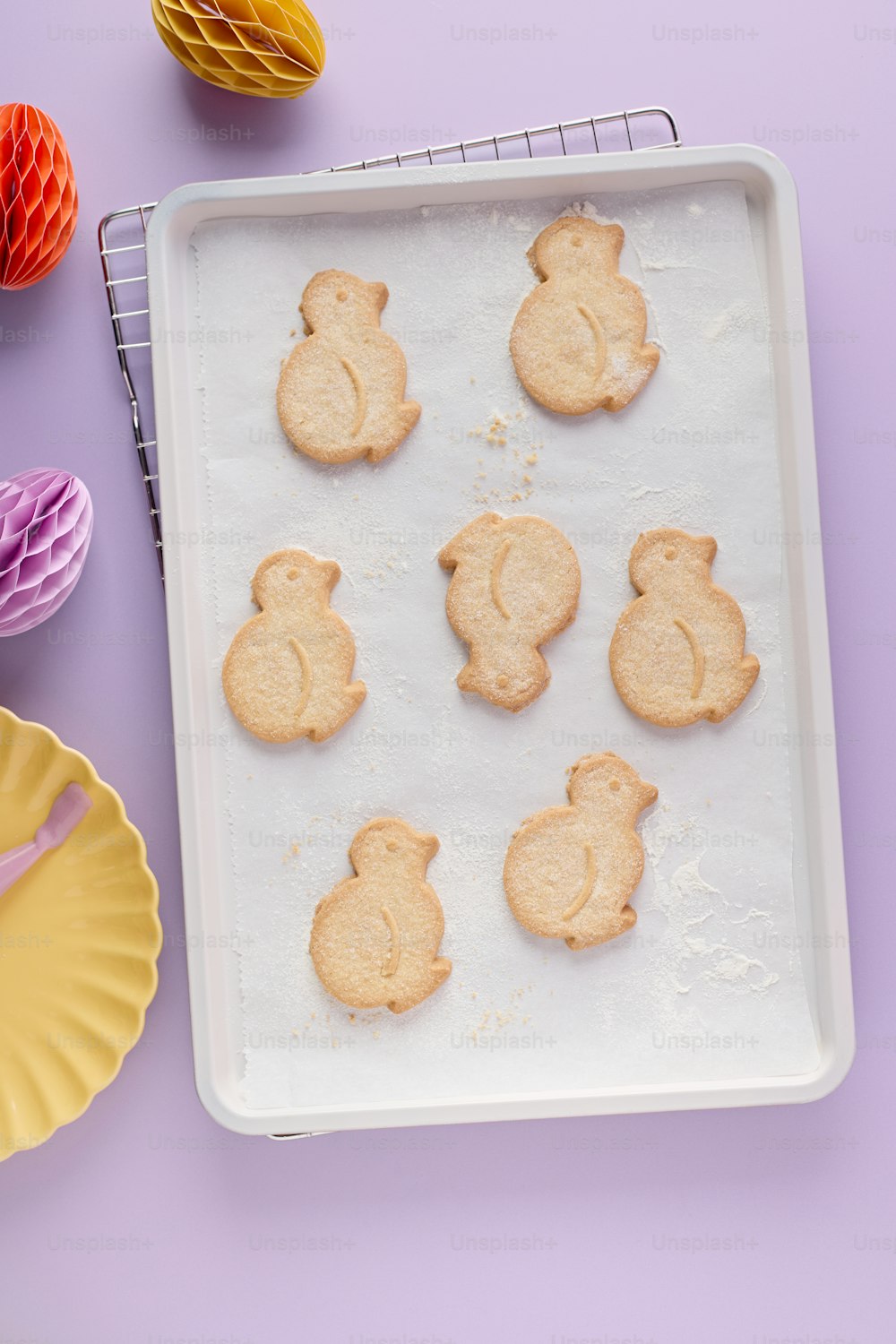 a tray of cookies on a purple table