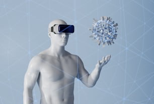 Ein Mann trägt ein Virtual-Reality-Headset und hält einen Ball in der Hand