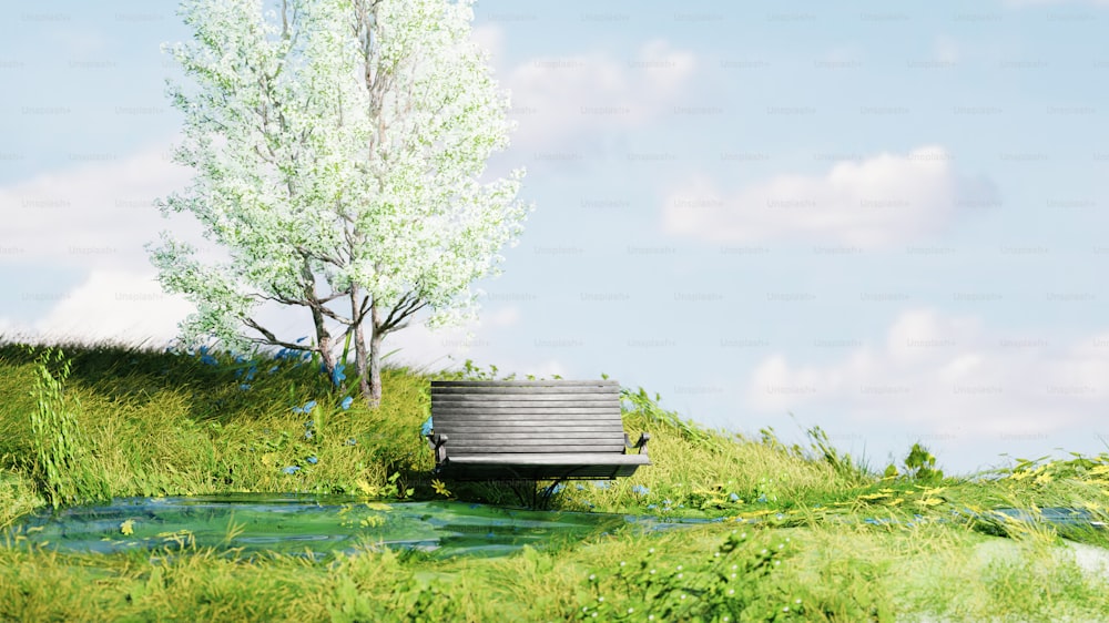 un banco de madera sentado en lo alto de un exuberante campo verde