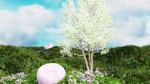 una pintura de un árbol y un paraguas rosa