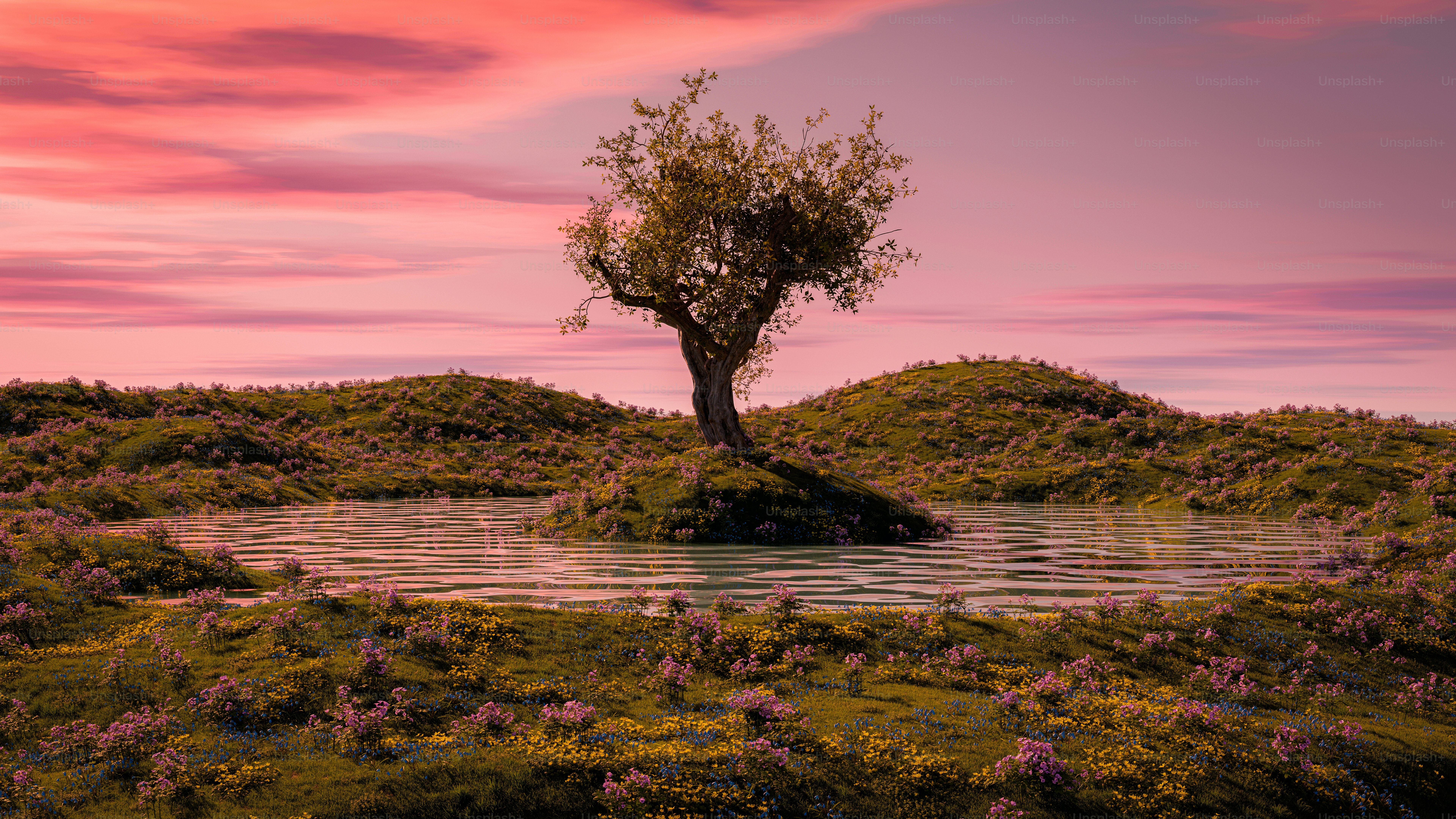 A lone tree on a small island in the middle of a lake photo – 3d render ...