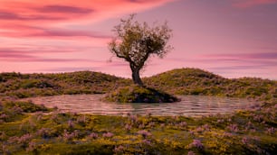 un árbol solitario en una pequeña isla en medio de un lago