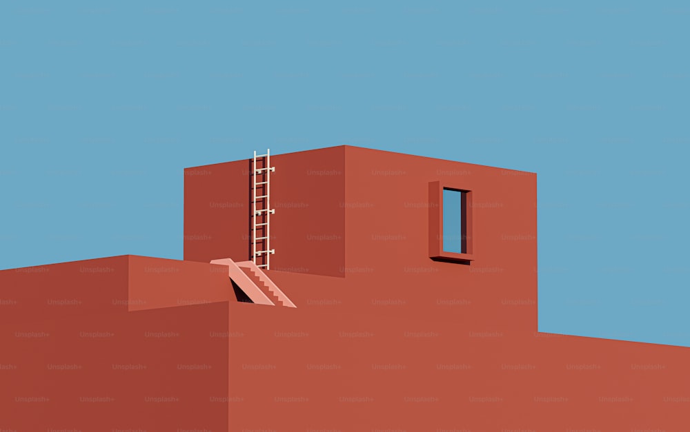 um prédio vermelho com uma escada em cima dele