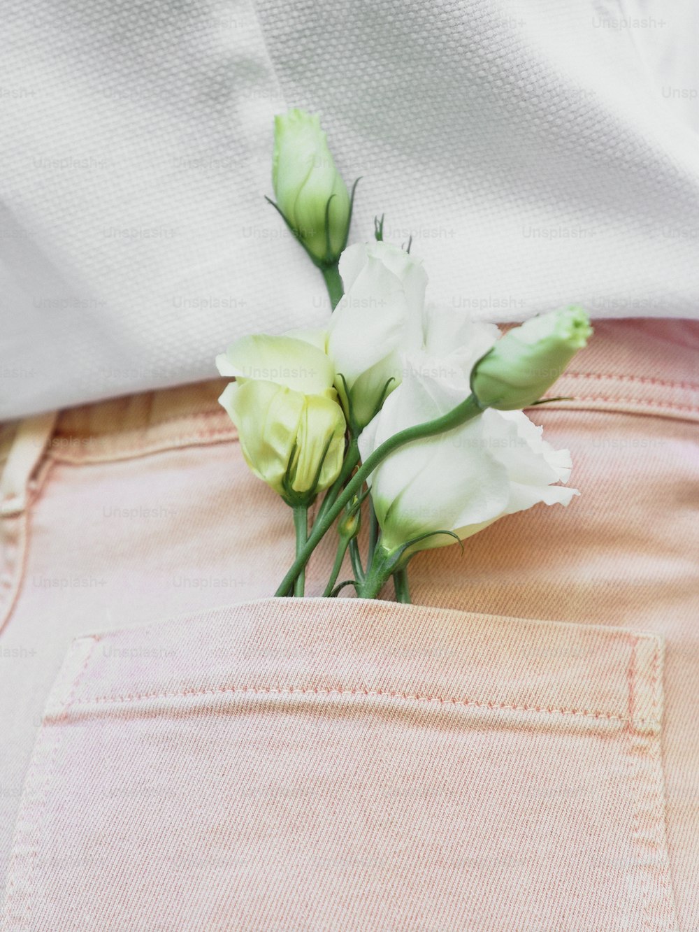 a white flower sticking out of the back of a pair of jeans