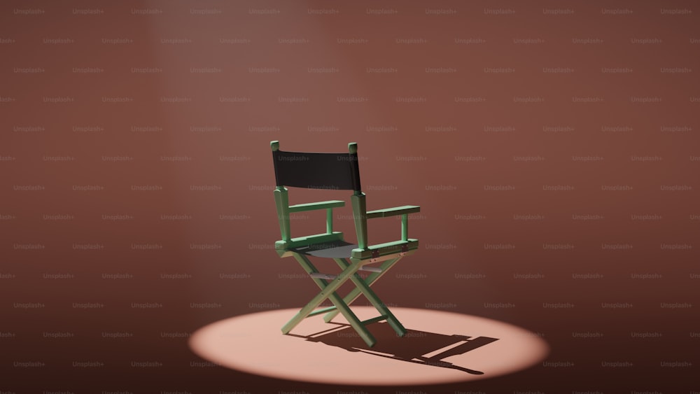 una silla verde sentada sobre un suelo marrón