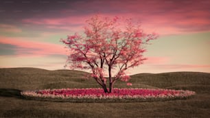 a tree in the middle of a flower bed