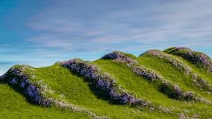 a group of green hills covered in purple flowers