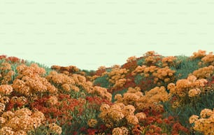 ein Gemälde von gelben und roten Blumen auf einem Feld