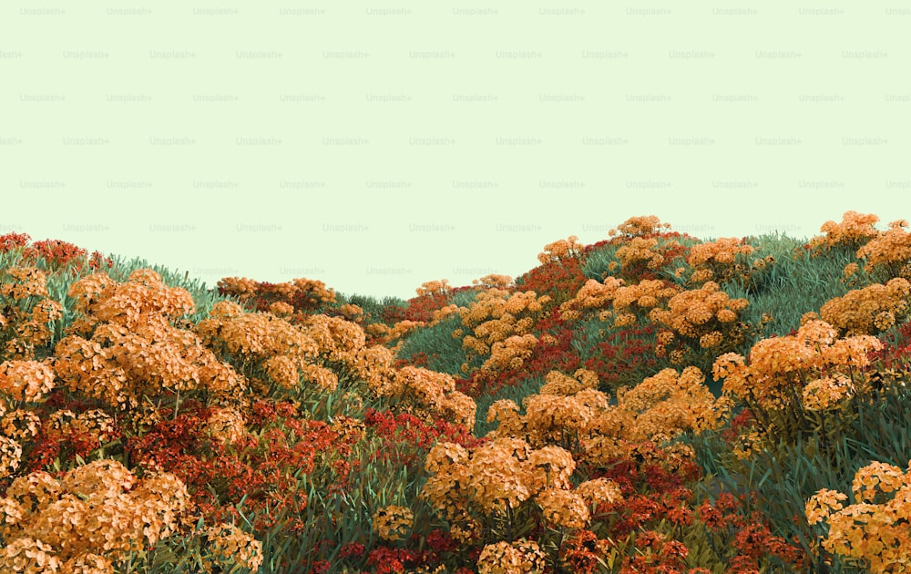 uma pintura de flores amarelas e vermelhas em um campo