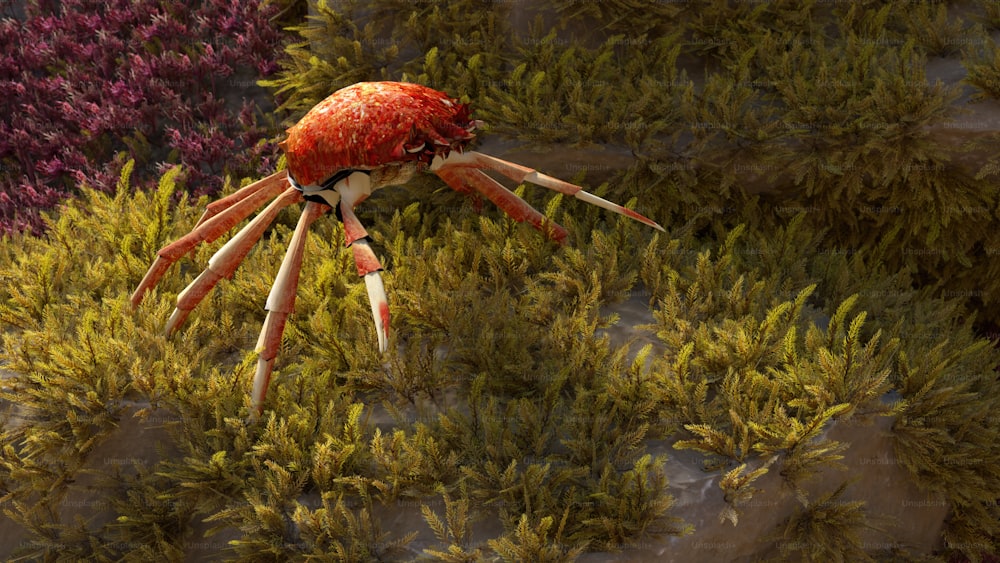 a red crab with long legs standing on a patch of grass