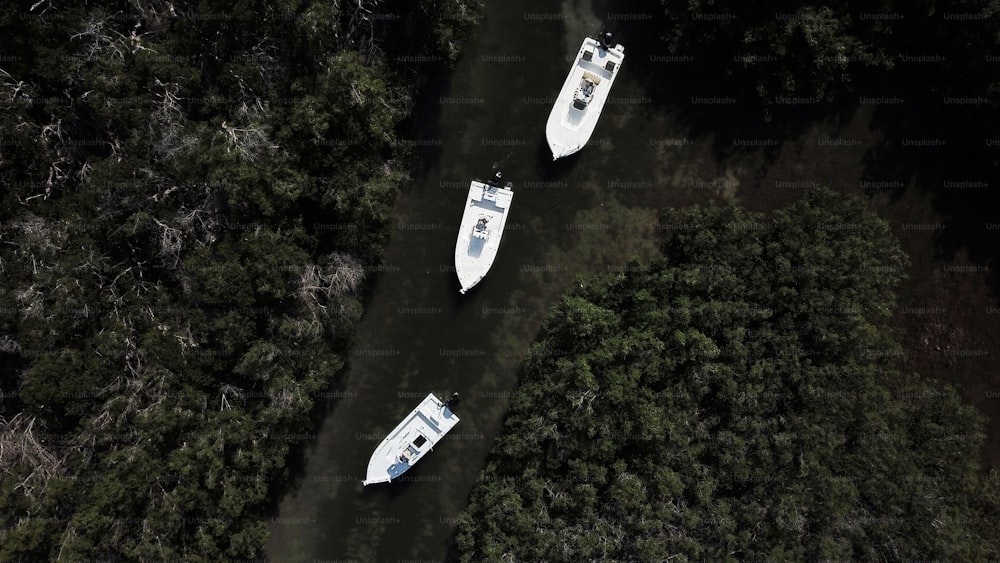 zwei weiße Boote, die auf einem Fluss treiben