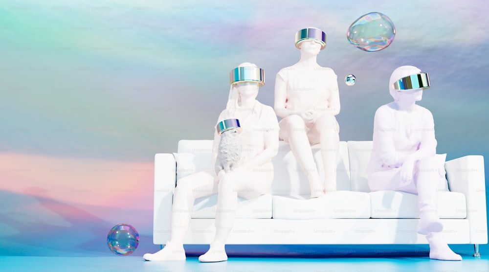 three white mannequins sitting on a white couch