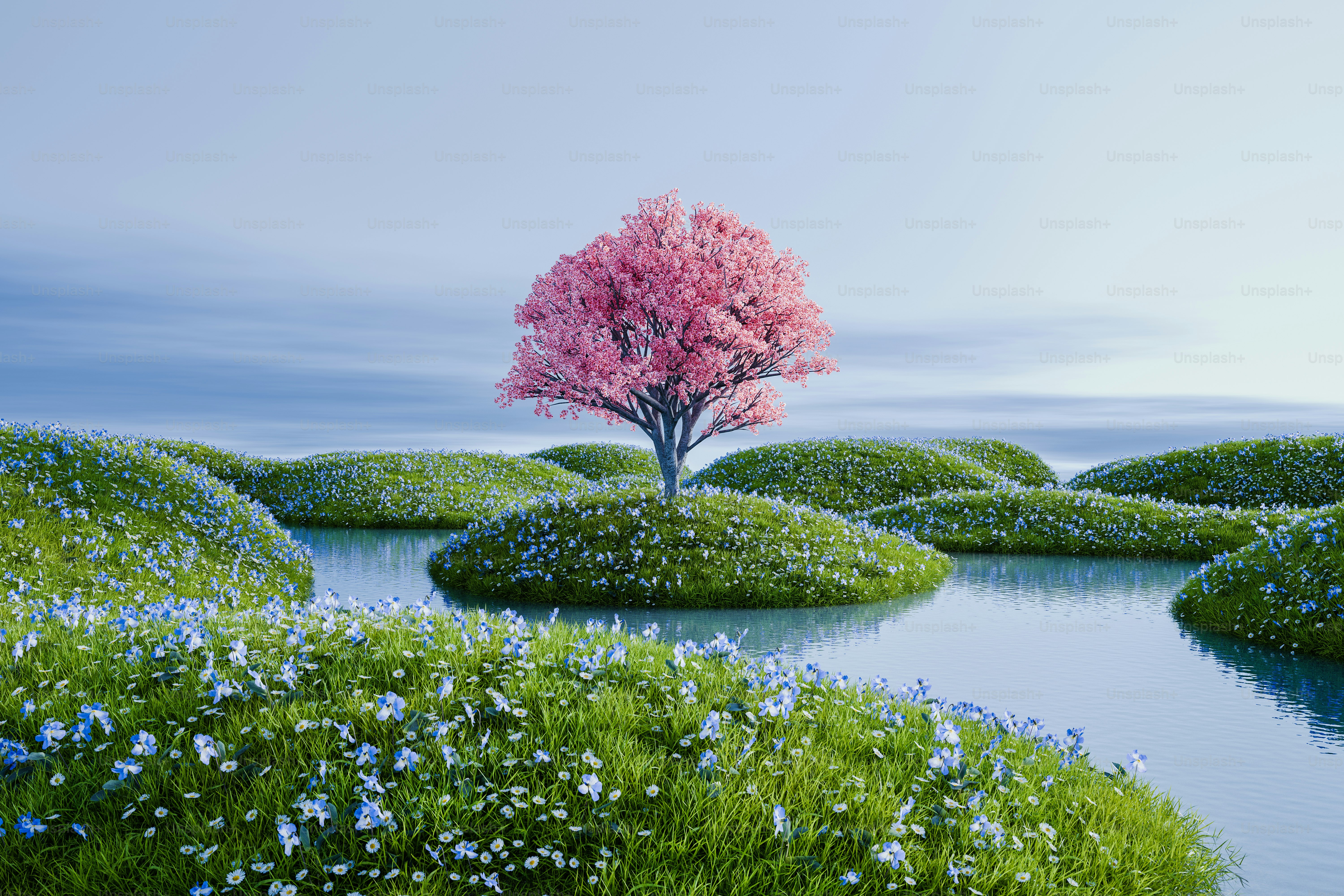 a painting of a tree in the middle of a field