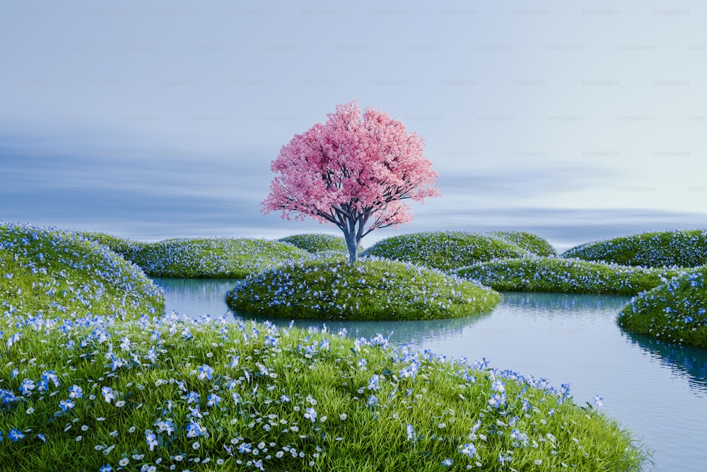 a painting of a tree in the middle of a field