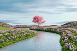 un río que corre a través de un exuberante campo verde junto a un árbol