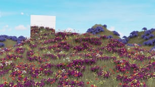 una pintura de un campo de flores con una valla publicitaria en el fondo