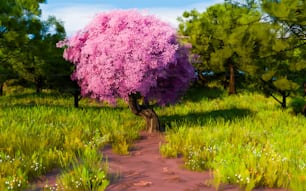 uma pintura de uma árvore cor-de-rosa em um campo gramado