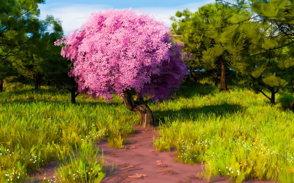 une peinture d’un arbre rose dans un champ herbeux