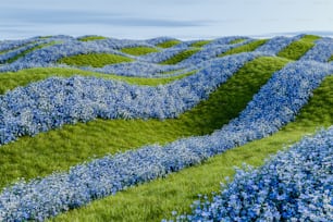 ein Gemälde eines Feldes mit blauen Blumen