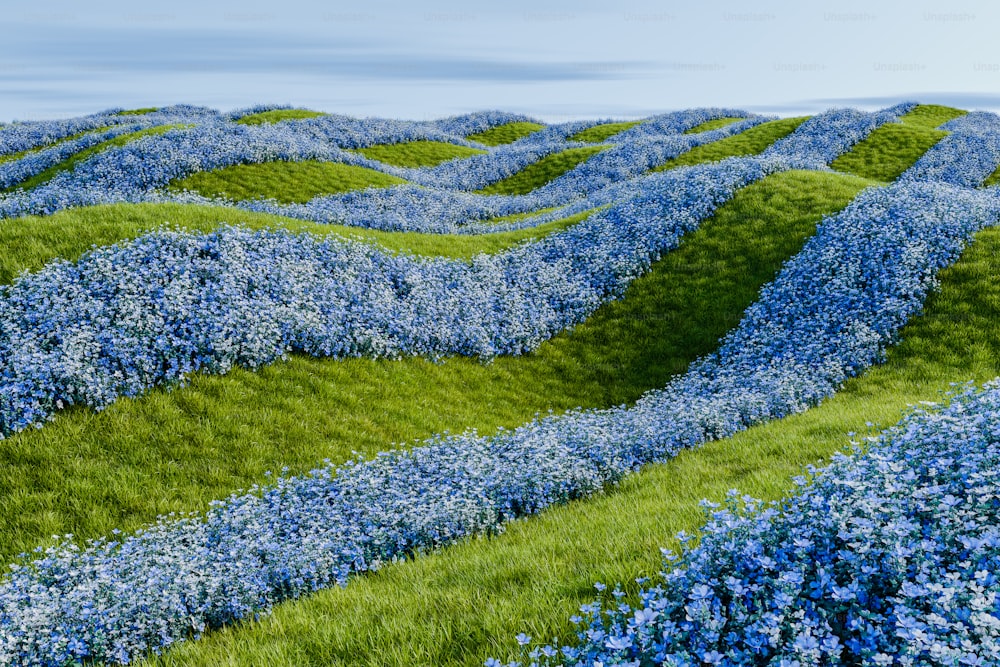 a painting of a field of blue flowers