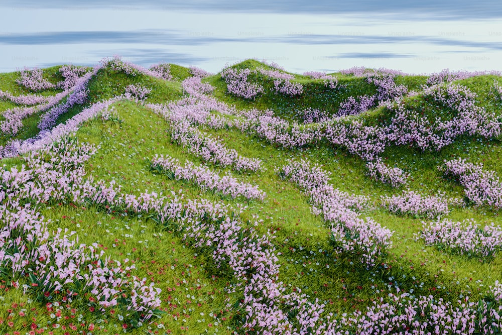 una pintura de flores púrpuras que crecen en una ladera verde