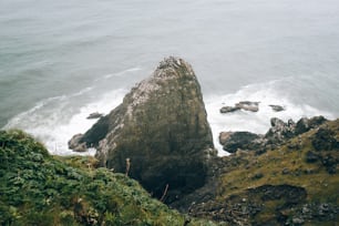 a large rock sitting on top of a lush green hillside