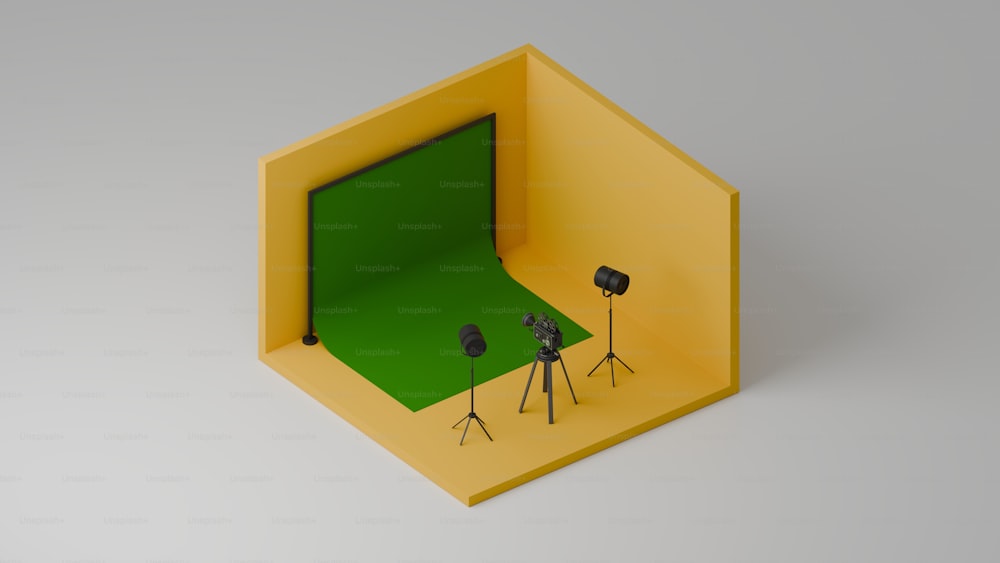 a room with a green screen and a tripod