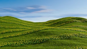 黄色い花が咲く草の生い茂った丘の絵