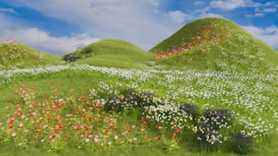 une peinture d’une colline herbeuse avec des fleurs dessus