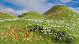 a painting of a grassy hill with flowers on it