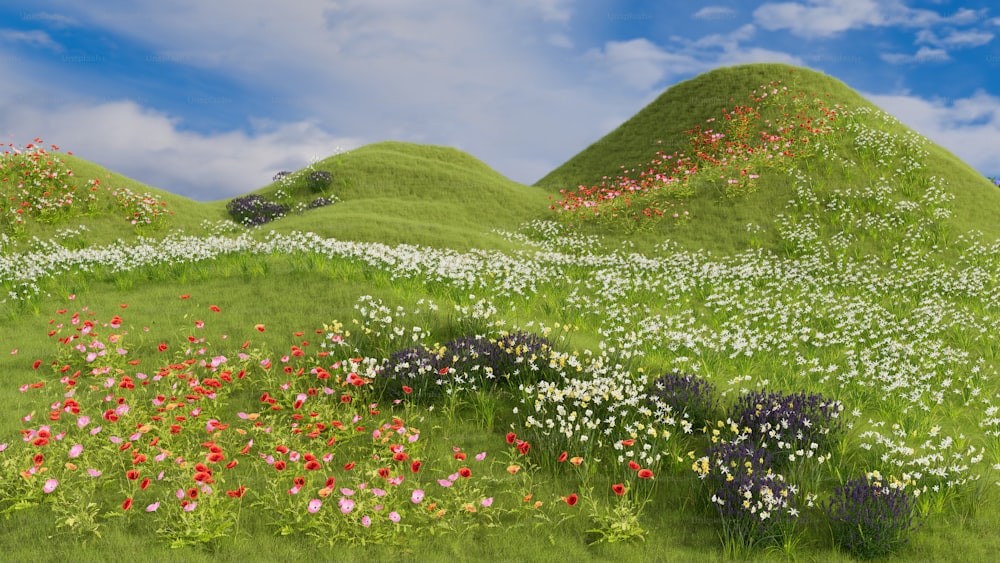 ein Gemälde eines grasbewachsenen Hügels mit Blumen darauf