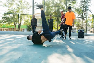 a man doing a handstand on a skateboard
