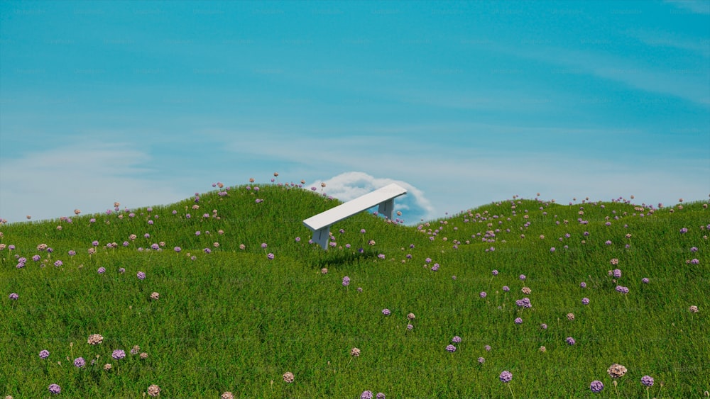 a white object sitting on top of a lush green hillside