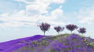 three trees on a hill covered in purple flowers