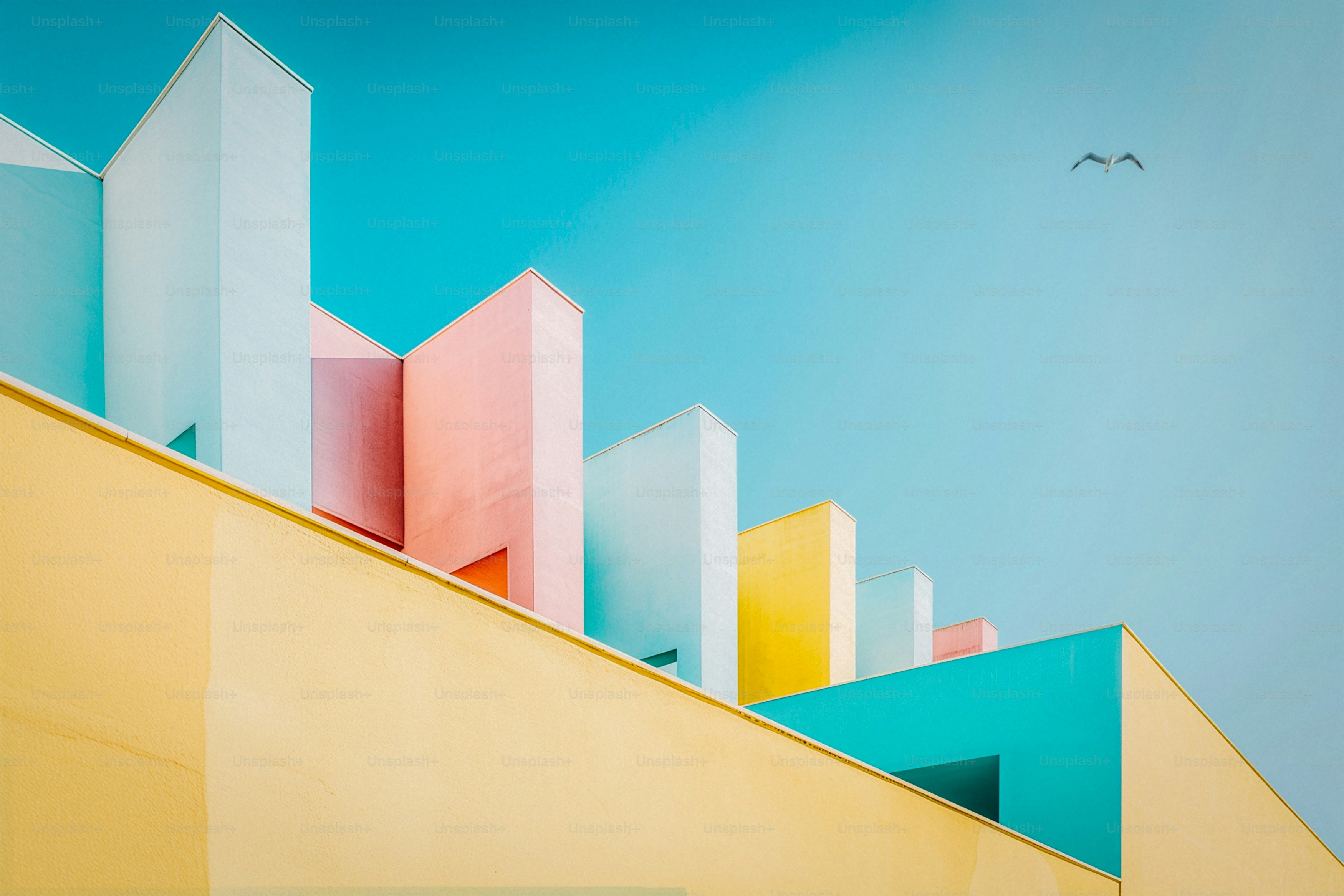 a painting of a building with a bird flying in the sky