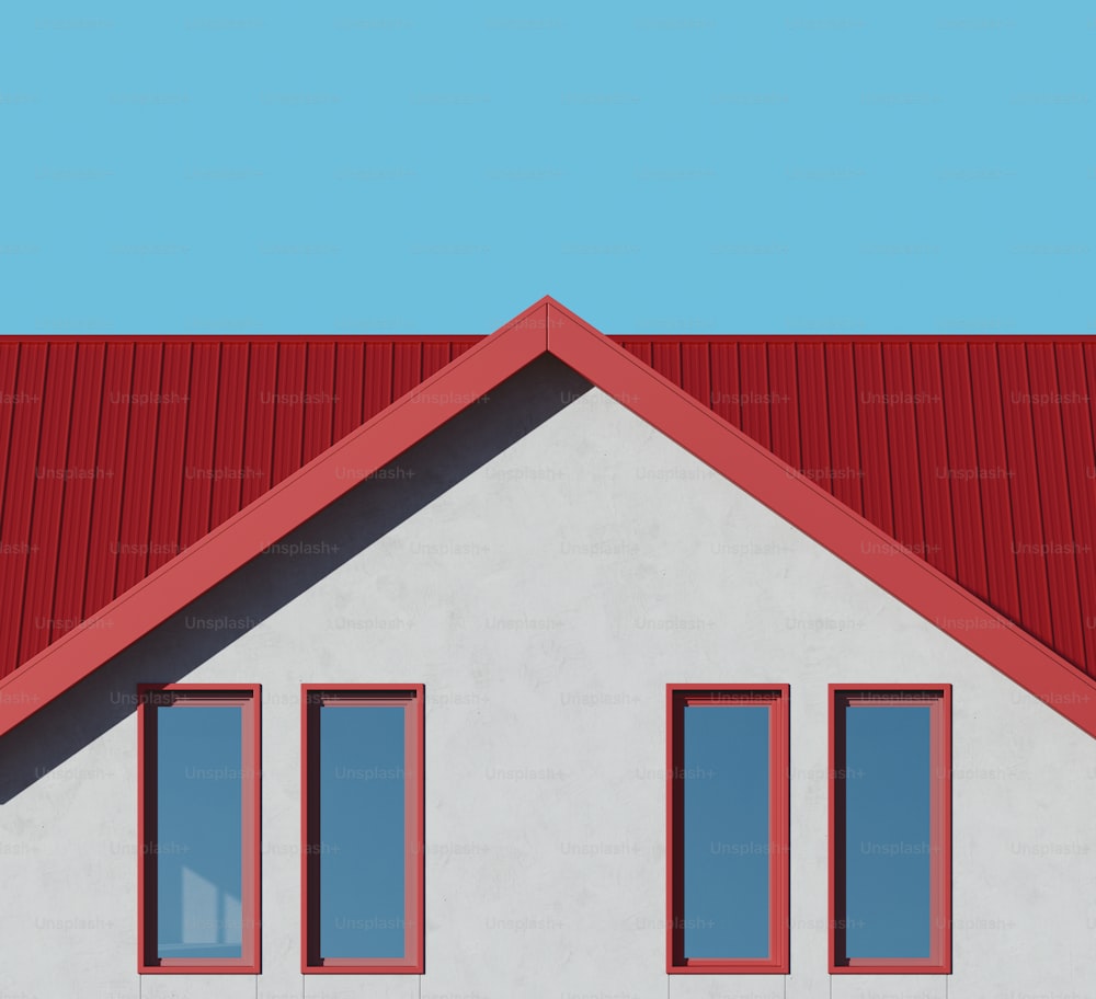 uma casa branca com um telhado vermelho e três janelas