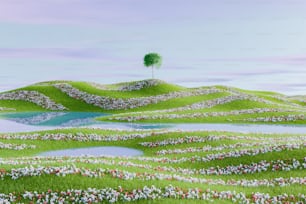 uma pintura de uma colina verde com uma árvore em cima dela