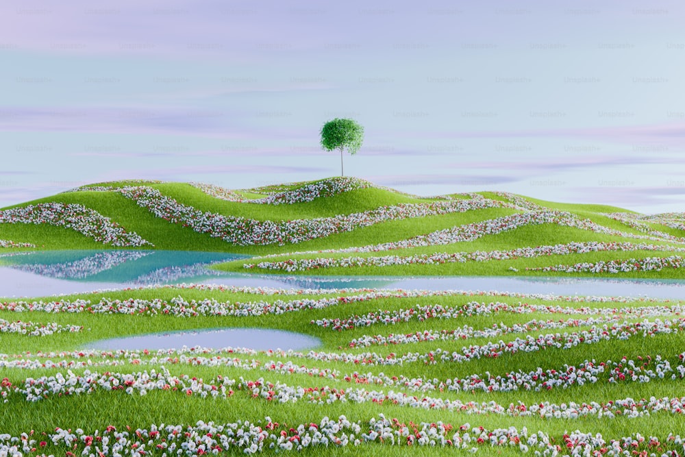 une peinture d’une colline verte avec un arbre au sommet