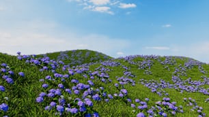 una colina cubierta de flores azules bajo un cielo azul