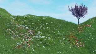 uma pintura de um campo com flores e uma árvore