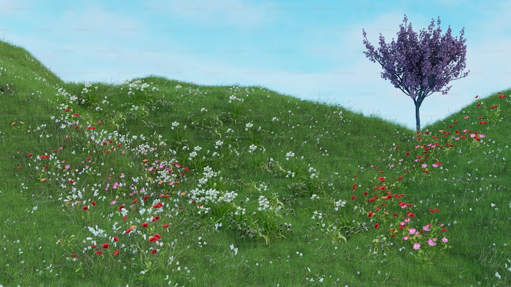 une peinture d’un champ avec des fleurs et un arbre