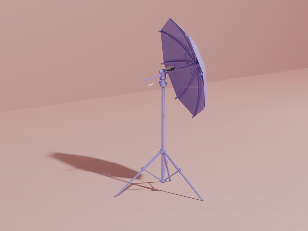 a purple umbrella is on a blue tripod
