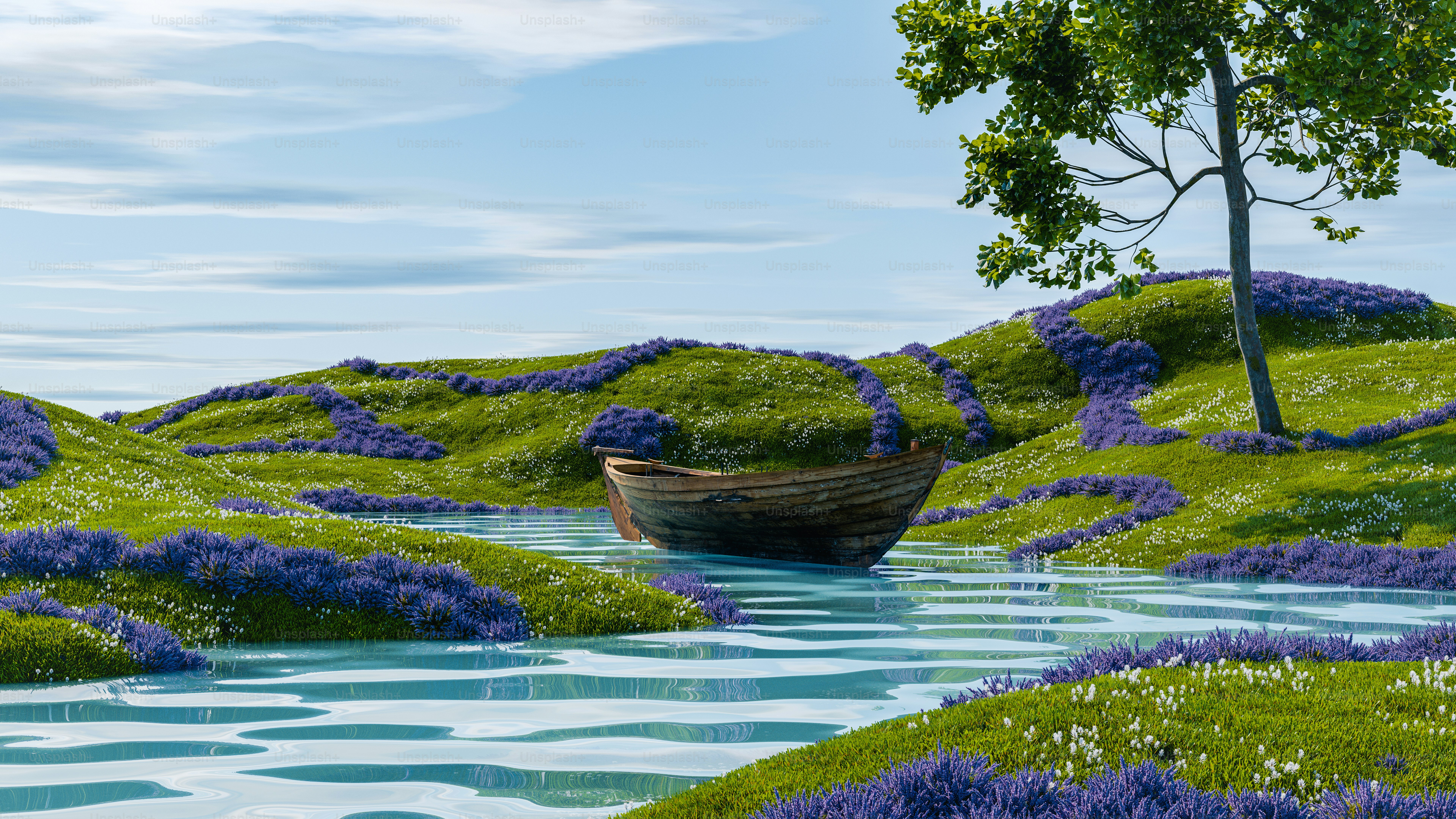 a painting of a boat on a river surrounded by purple flowers